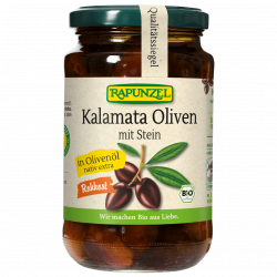 Bio Oliven Kalamata violett, mit Stein in Olivenöl