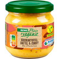 REWE Bio + vegan Streichcreme Süßkartoffel Dattel Curry 180g
